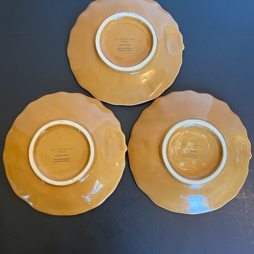 Pottery Barn Gold colored Embossed Turkey Plates Set of 3 - Picture 7 of 8